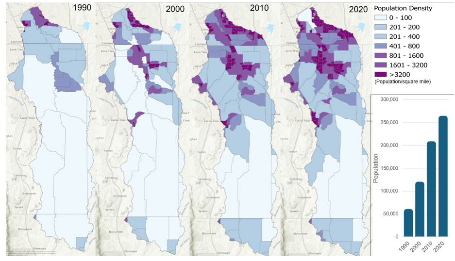 1990-2020 Cherry Creek Basin Population per Square Mile by Census Block